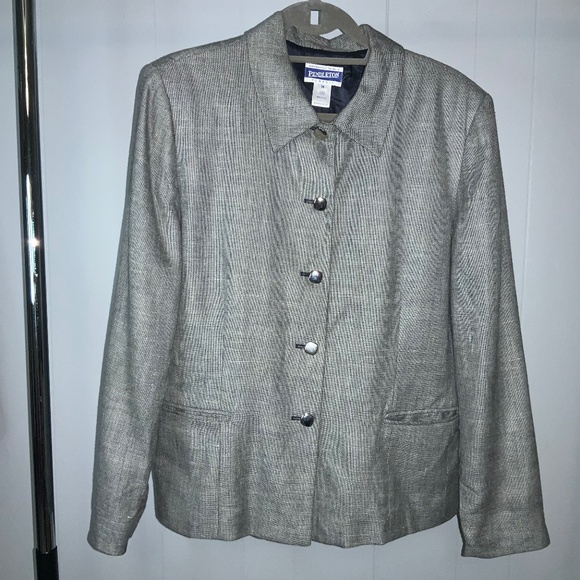 Pendleton silk flax tweed button front jacket Sz 14 vintage silvertone buttons - Picture 1 of 7